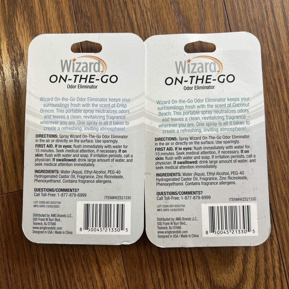 Lot of 2- New Wizard On-The-Go Odor Eliminator- Coconut Beach & Crisp Breeze 1oz - Picture 2 of 2